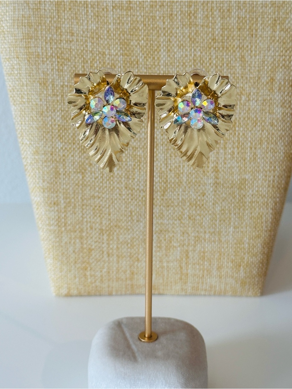 Fashion Jewelry Gold Leaf Earrings with Aurora Crystal Centers - Women Jewelry